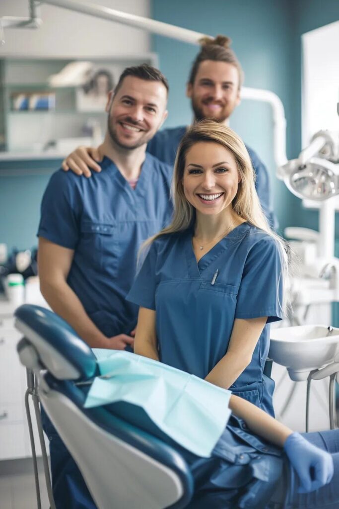 Boosting Dentistry: How Managed IT Transforms Patient Care Dental team smiling in clinic, wearing scrubs, with dental chair and tools in background.