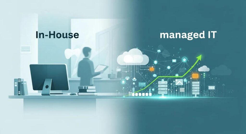 In-house IT management versus managed IT services, featuring a desk with a computer and a professional analyzing data trends.