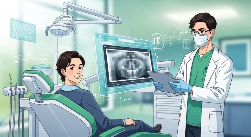 Enhance Patient Care with Expert Dental IT Support Services Dentist showing digital X-ray to patient in modern dental office with advanced technology.