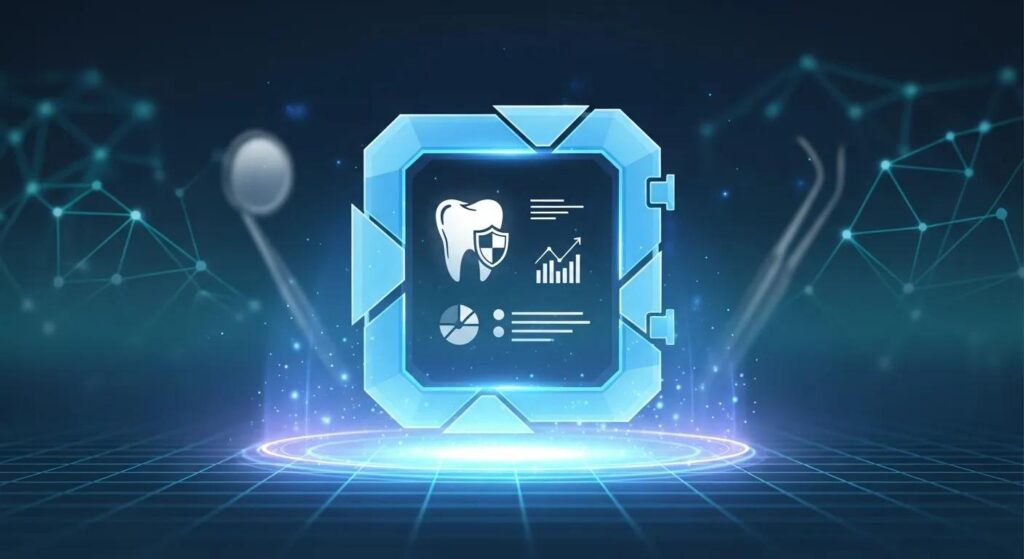 Unlock Seamless Operations with Dental IT Support Services Digital illustration of a secure data management interface featuring a tooth icon, analytical graphs, and dental tools, symbolizing IT support and cloud backup solutions for dental clinics.