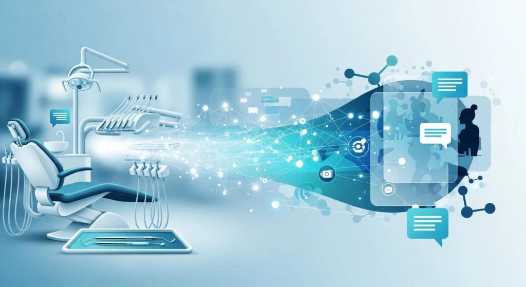 Dental chair and tools with digital communication elements representing modern dental technology and patient engagement.