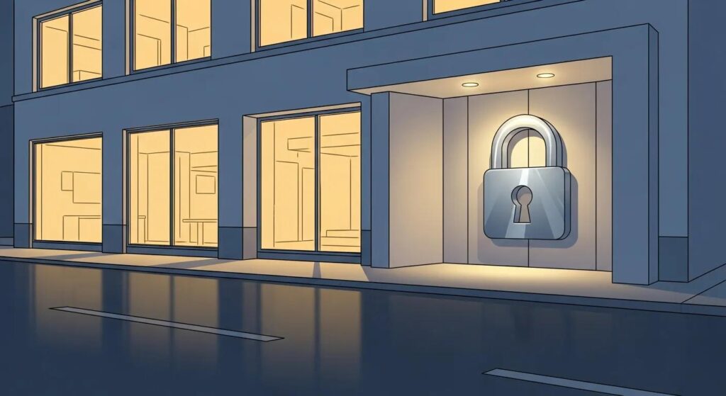 Modern building exterior with illuminated lock symbol, emphasizing security and safety.