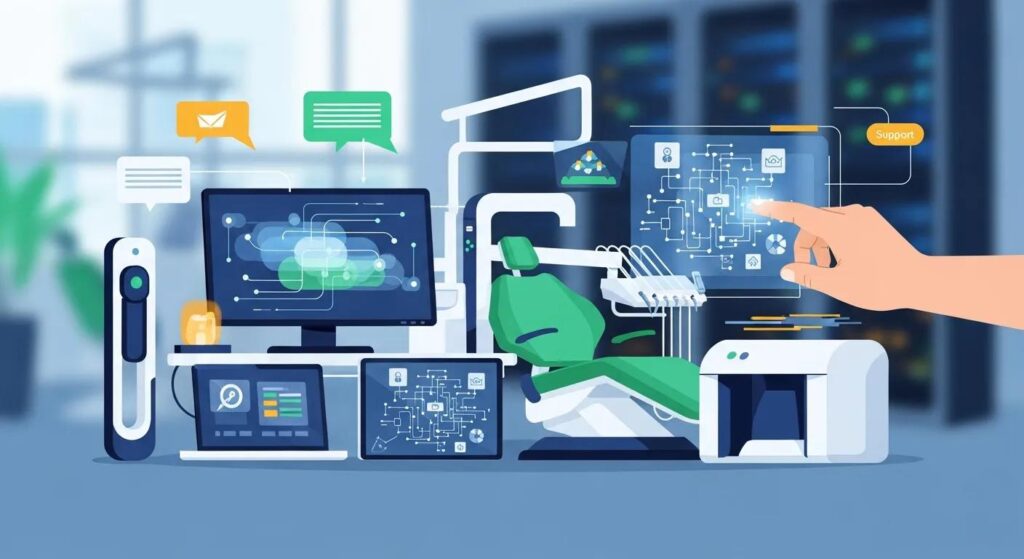 Dental technology setup featuring a green dental chair, computer screens displaying data and support options, and digital interfaces for patient management.