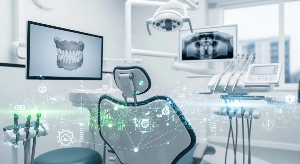 Discover the Top Benefits of Managed IT for Dental Practices Dental clinic interior featuring a dental chair, monitors displaying dental images, and advanced dental equipment with digital overlays representing technology and innovation in dentistry.