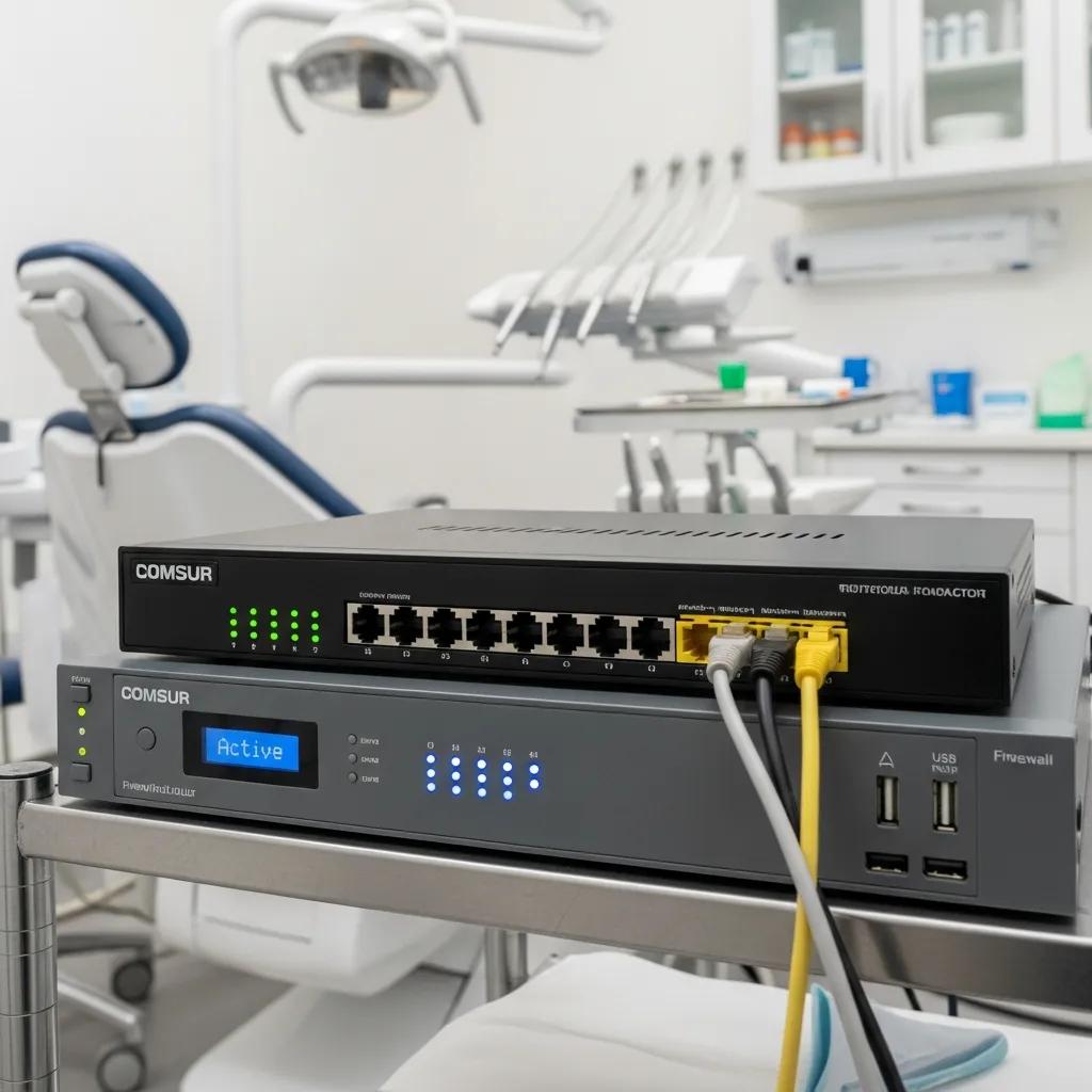 Business-grade router and firewall appliance in a dental office, featuring COMSUR branding, with multiple Ethernet ports for secure network management, supporting VoIP and patient Wi-Fi separation.