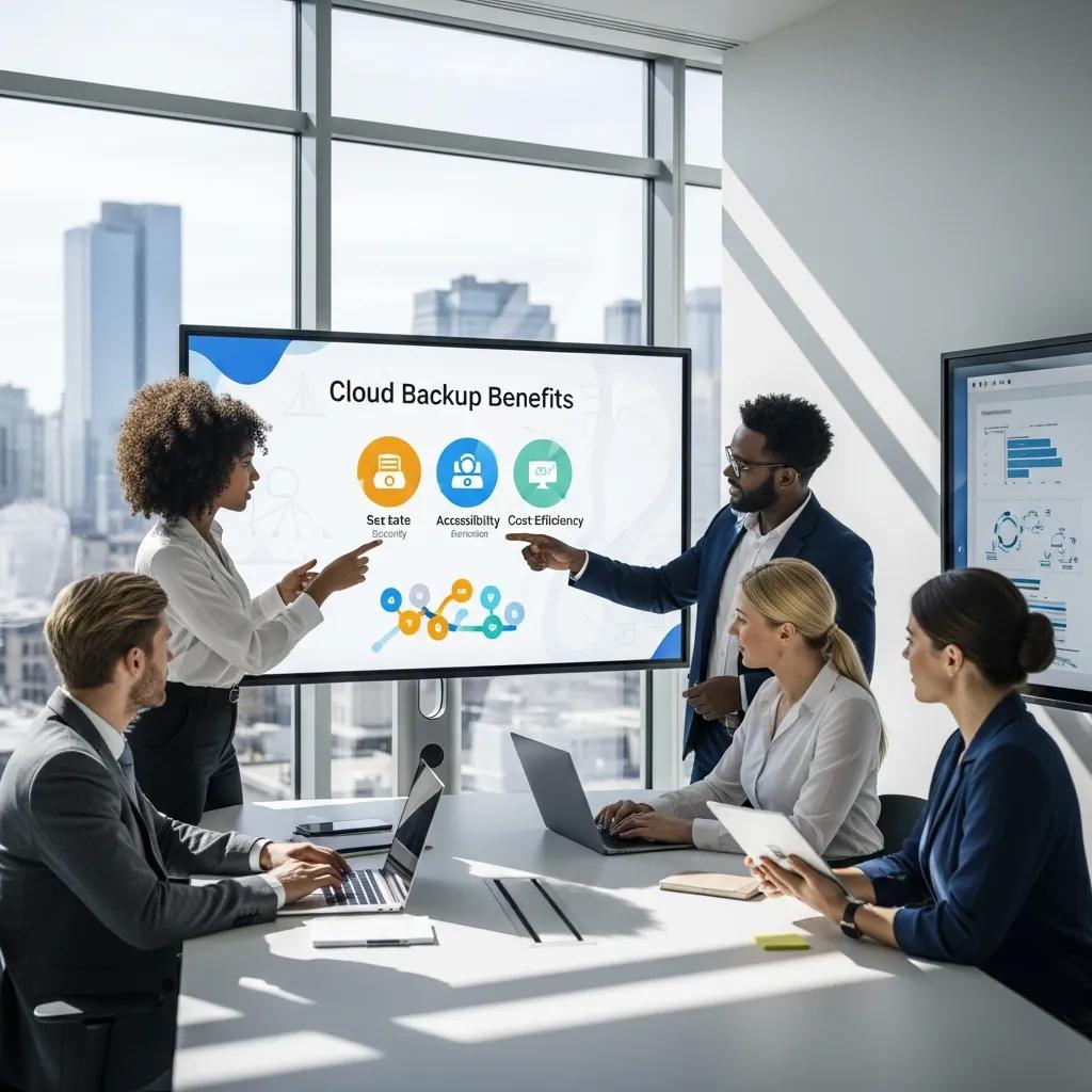 Secure Your Data with Local Cloud Backup Solutions Business team collaborating in a modern office, discussing cloud backup benefits displayed on a digital screen, emphasizing data security, accessibility, and cost efficiency.