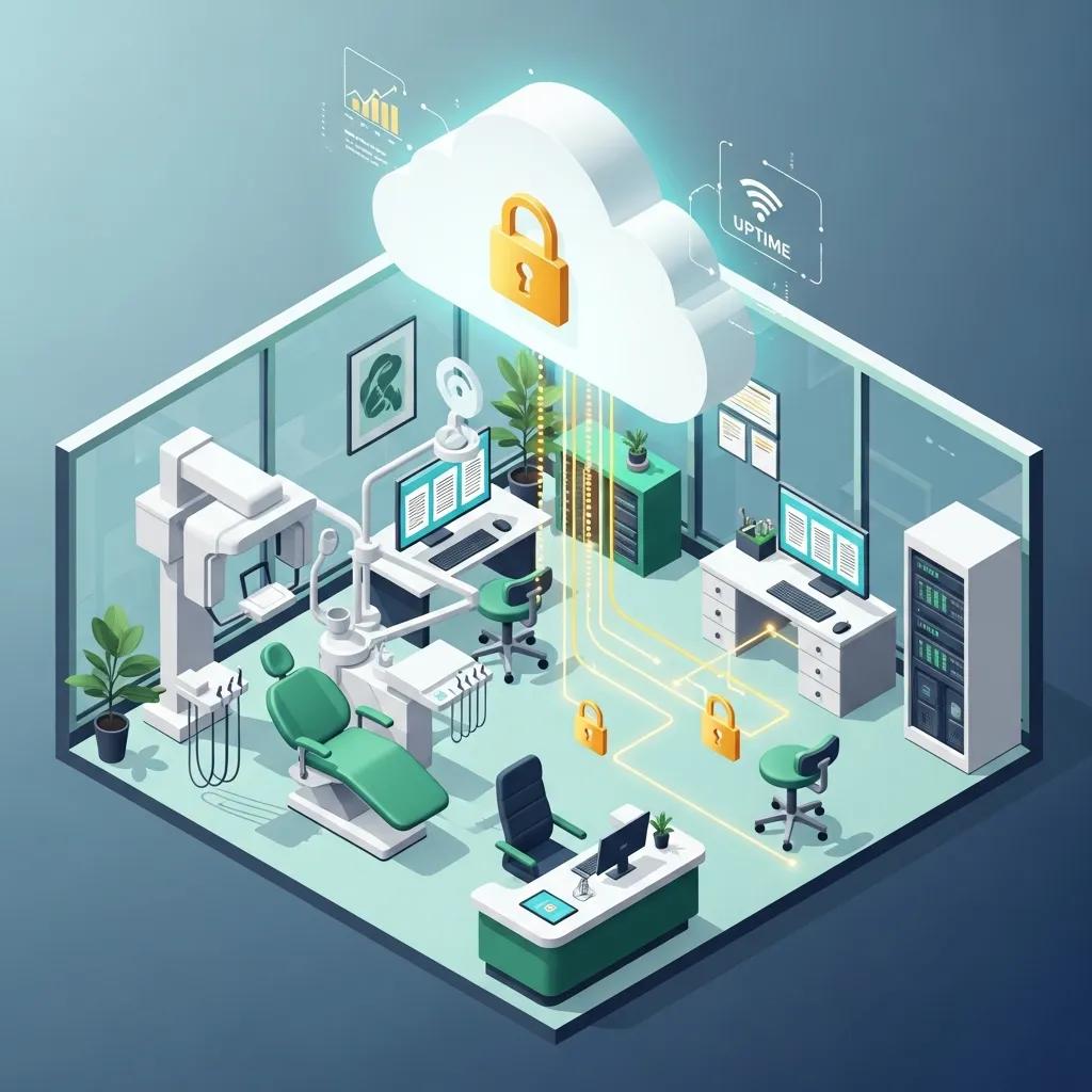 Enhance IT Solutions for Greater Dental Profitability Dental clinic interior with cloud storage symbol, emphasizing data security and backup solutions, featuring dental equipment, workstations, and plants, illustrating enhanced business continuity and ransomware protection.
