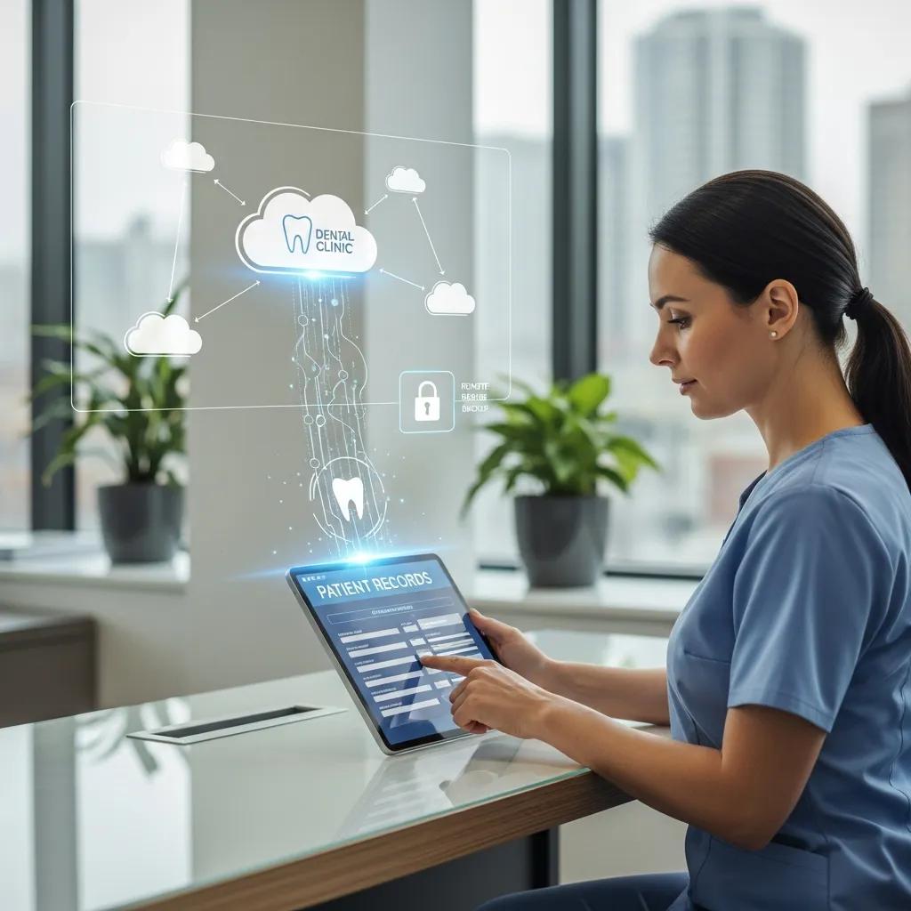 Dental professional using a tablet to access encrypted patient records with cloud backup solutions, illustrating data security and HIPAA compliance in a dental clinic setting.