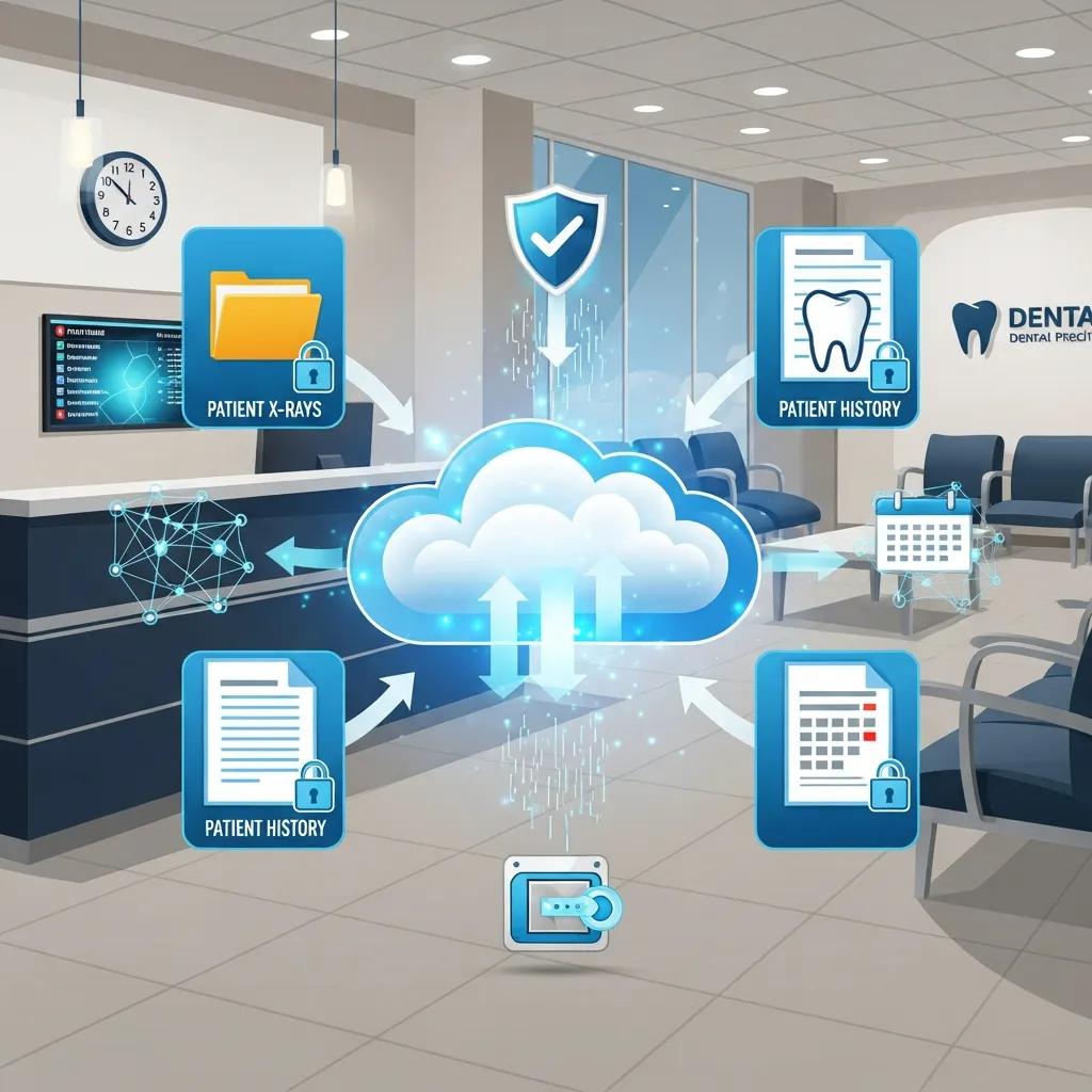 Cloud storage concept for secure backup of dental records, featuring icons for patient X-rays, patient history, and encrypted data transfer in a modern dental office setting.