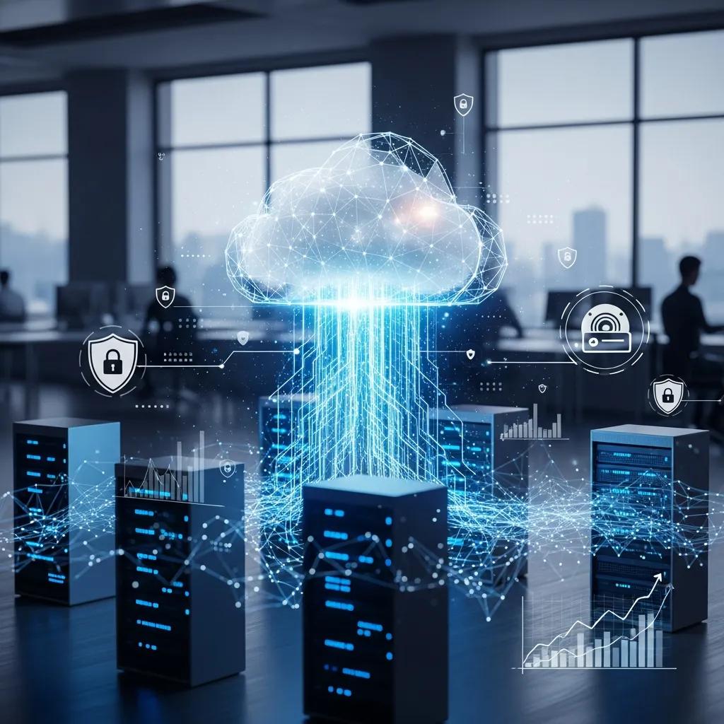Secure Your Data with Local Cloud Backup Solutions Digital cloud representing online data protection with flowing data streams, surrounded by server racks and security icons, illustrating cloud backup solutions for data security and recovery.