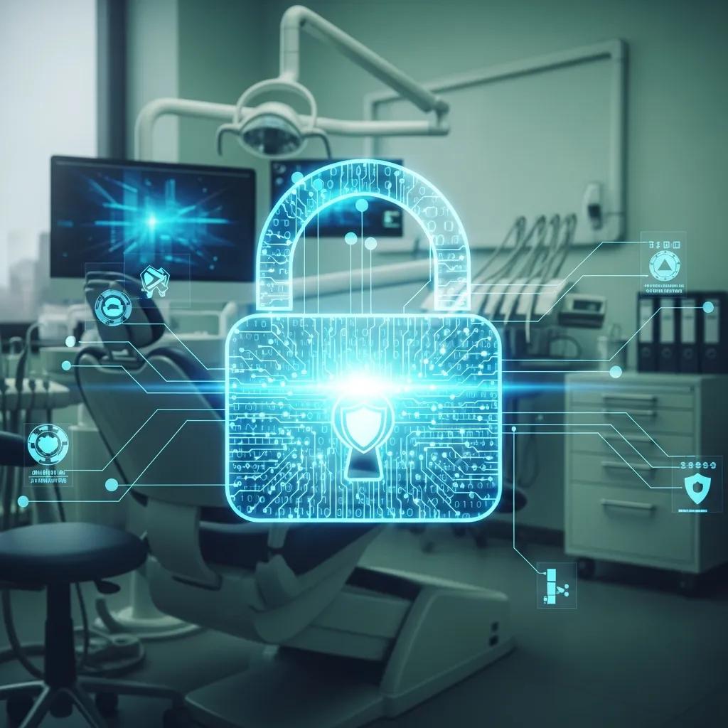 DentalTek: Leading IT Support for Today's Dental Practices Digital lock symbolizing cybersecurity in a dental practice, with dental equipment in the background, representing robust IT security measures and patient data protection.