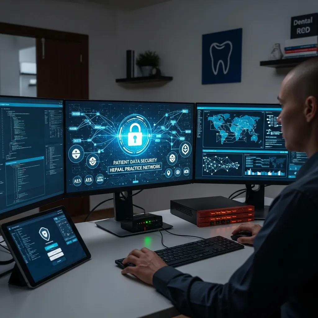 Cybersecurity expert analyzing patient data security on multiple monitors, showcasing a secure network for dental practices during expansion.