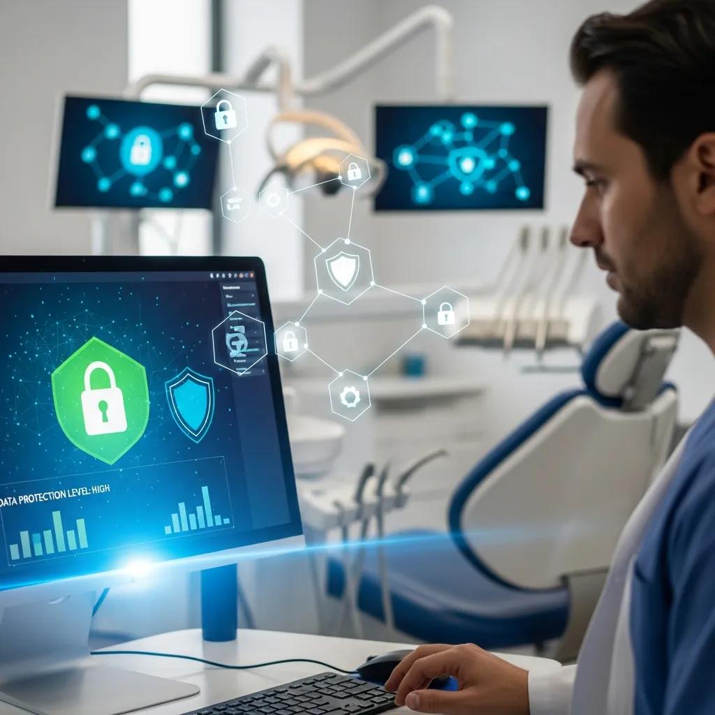 Enhance IT Solutions for Greater Dental Profitability Dental professional monitoring cybersecurity measures on a computer screen, featuring data protection icons and high security alerts, in a modern dental clinic setting.