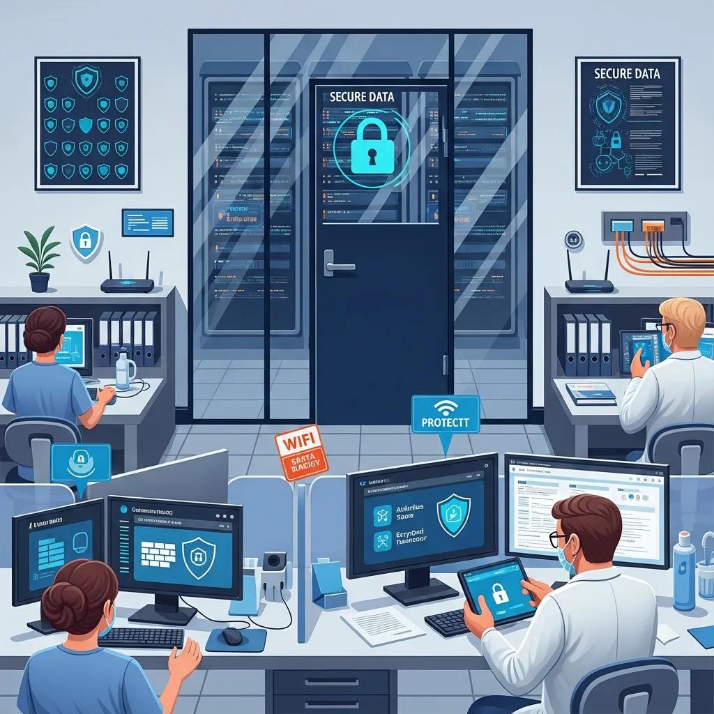 Secure data environment in a dental IT office, featuring professionals monitoring cybersecurity systems, multiple screens displaying security protocols, and a locked data room, emphasizing patient data protection and IT support services.