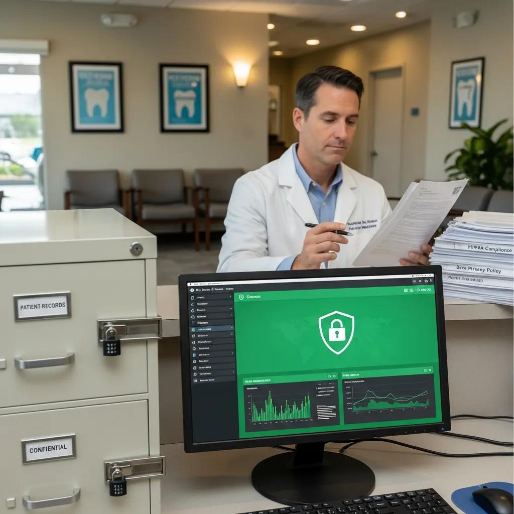 Managed IT Support Dental professional reviewing documents in a dental office, with a computer screen displaying cybersecurity measures and patient data protection, alongside filing cabinets labeled "PATIENT RECORDS" and "CONFIDENTIAL."