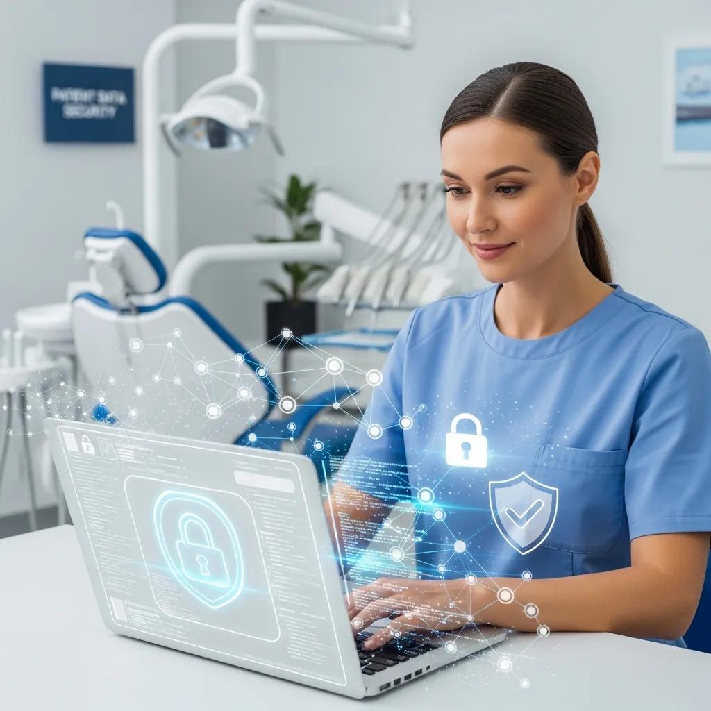 Discover Premier Dental IT Services for Canadian Clinics Dental professional in a blue uniform using a laptop with cybersecurity icons, illustrating data protection measures in a dental practice.