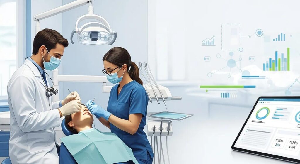 Dental professionals performing a procedure on a patient in a modern dental clinic, with digital data and analytics displayed on a tablet in the foreground.
