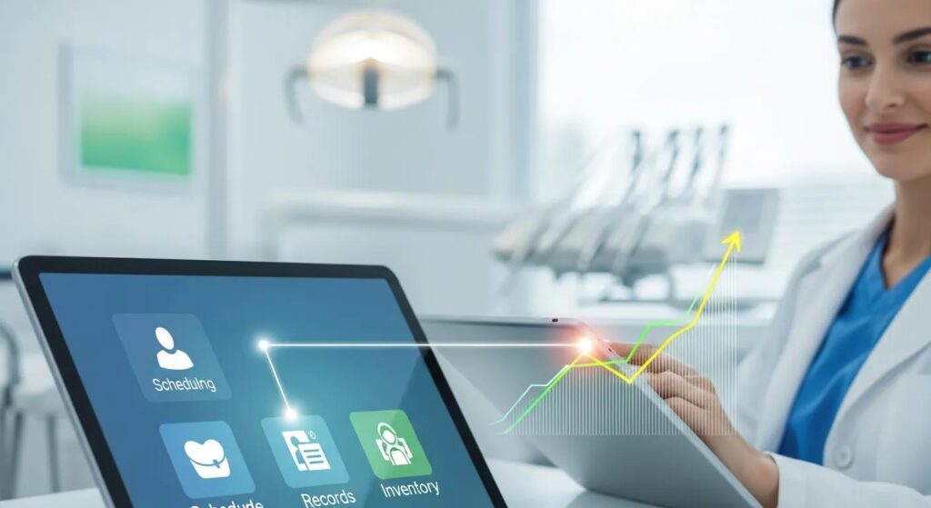 Streamline Your Practice: Managed IT for Dental Practices Dental professional analyzing patient records and scheduling on tablet with growth chart, in modern dental office setting.