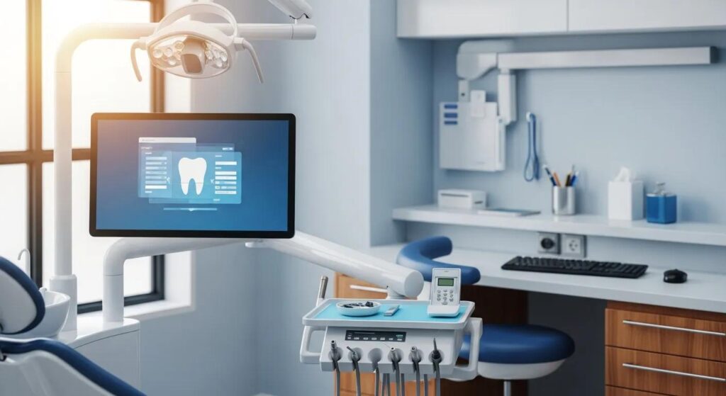Discover Key Benefits of Tailored IT Support for Dentists Modern dental office interior with dental chair, monitor displaying tooth health information, and dental tools on a tray.