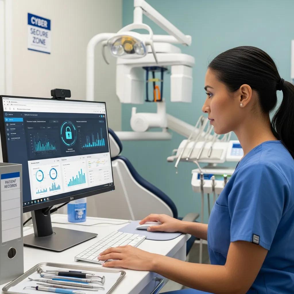 Boost Efficiency with Tailored Dental IT Support Solutions Dental professional reviewing cybersecurity data on a monitor in a dental clinic, with a focus on patient records and security measures, emphasizing the importance of IT support and data protection.