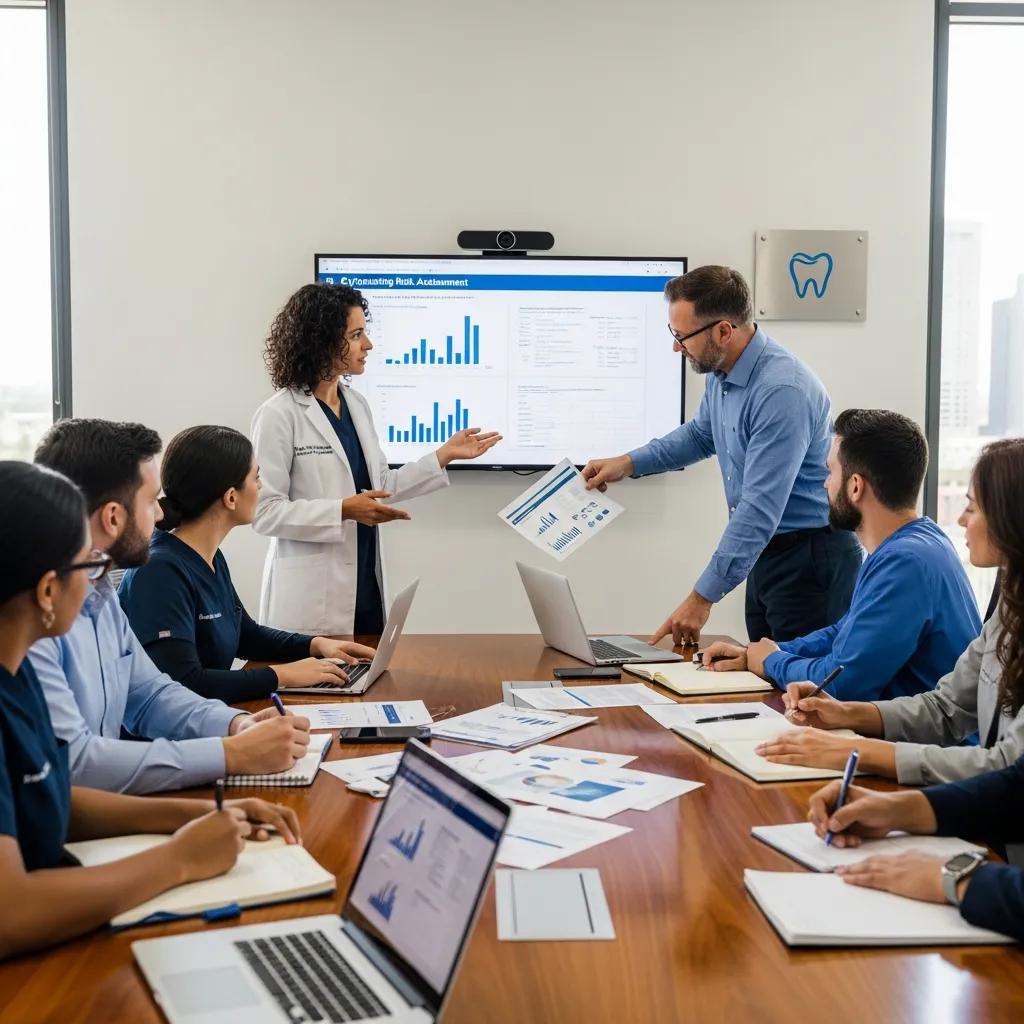 Ensure IT Compliance and Security Assessment for Dentists Dental clinic staff in a meeting discussing IT audit findings, with graphs displayed on a screen, highlighting cybersecurity risk assessment and operational efficiency.