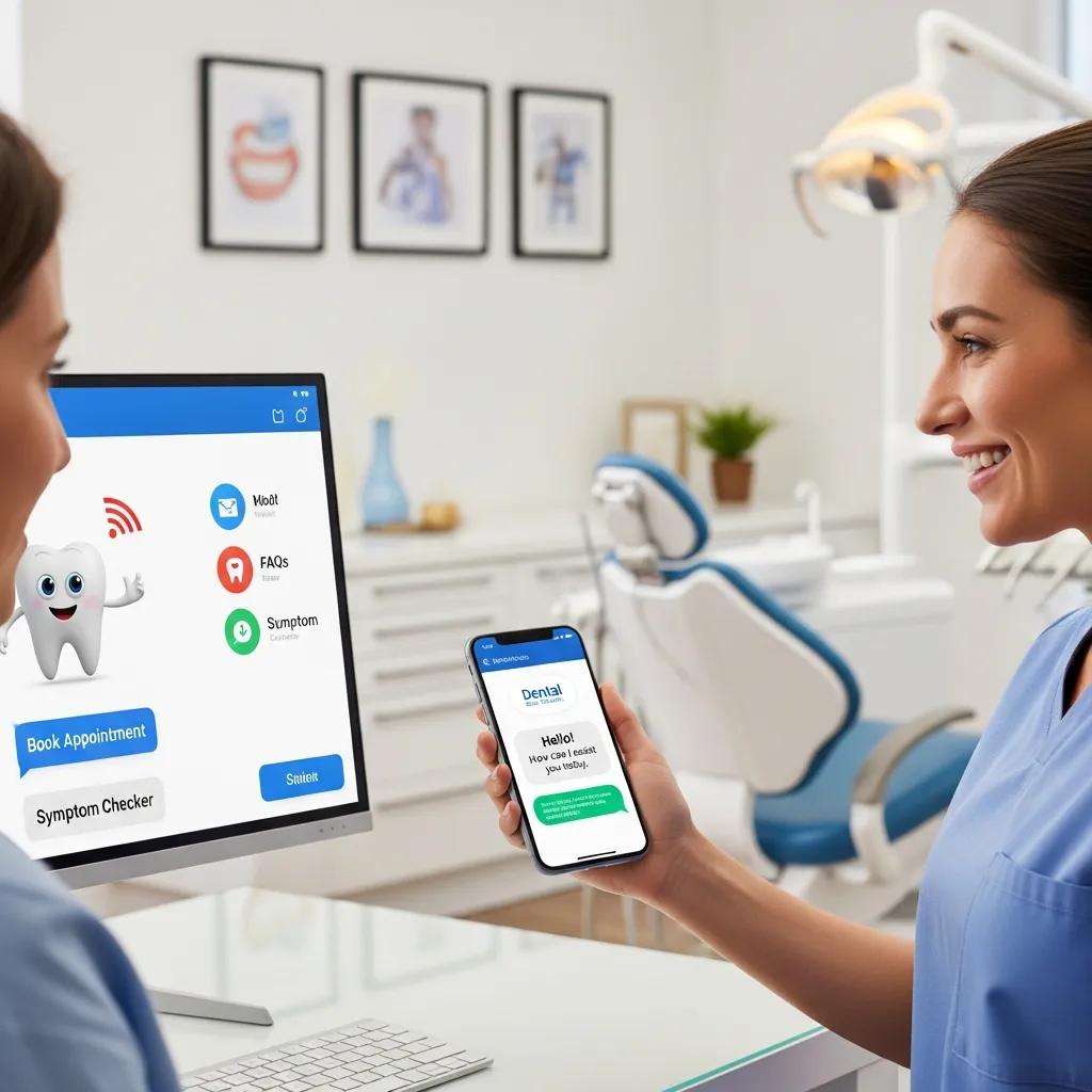 Boost Your Clinic's Online Presence with Dental Marketing IT Dental professional interacting with AI-driven patient engagement technology on a computer and smartphone, featuring a friendly tooth mascot, in a modern dental clinic setting.