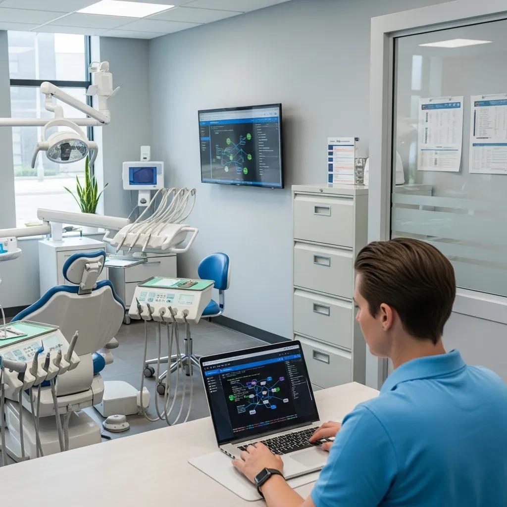 Ensure IT Compliance and Security Assessment for Dentists Dental IT audit in a modern clinic with a specialist reviewing network security on a laptop, dental chairs and equipment visible in the background.