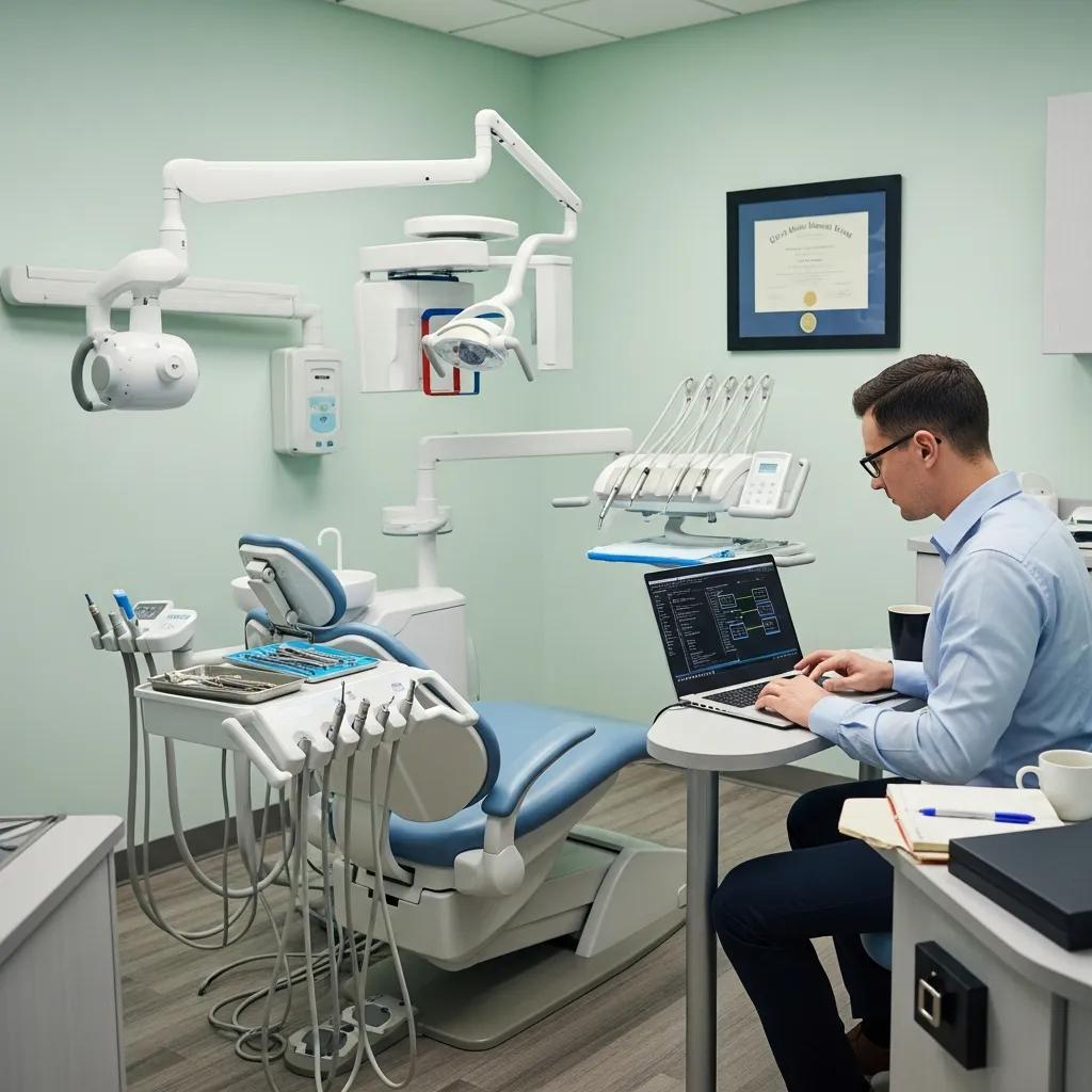 Dental IT professional conducting a cybersecurity audit in a dental practice environment, reviewing systems on a laptop amidst dental equipment and imaging devices.