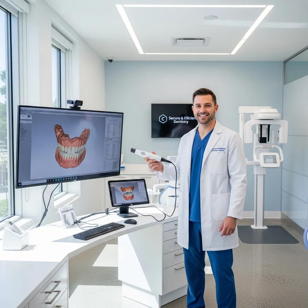 Dentist in modern clinic holding digital scanner, showcasing advanced dental technology, with computer displays of dental imaging and secure practice branding.
