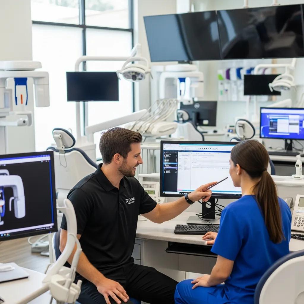 Dental IT technician assisting dental staff in a modern clinic, demonstrating specialized support and technology integration.