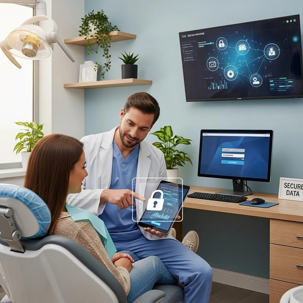 Why Dental Groups Must Prioritize Cybersecurity IT Solutions Dentist explaining cybersecurity measures to a patient using a tablet, with a computer displaying secure data interface, in a modern dental office setting.