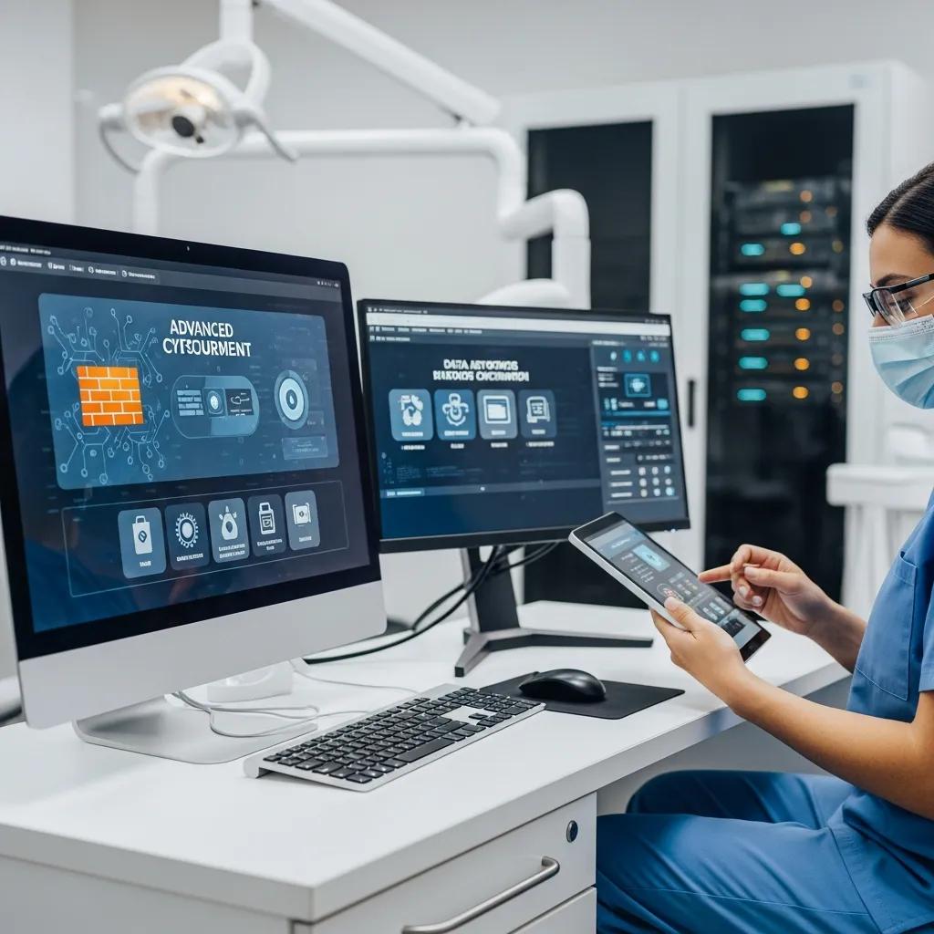 Dental professional using a tablet and computer in a dental office, displaying advanced cybersecurity measures and data analytics for HIPAA compliance and patient data protection.