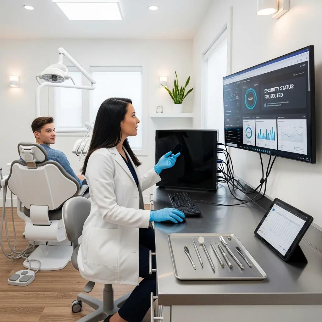 Dental professional in a white coat using a computer in a dental office, monitoring cybersecurity status on a large screen, with dental tools and equipment in the foreground, emphasizing IT support and patient data protection.