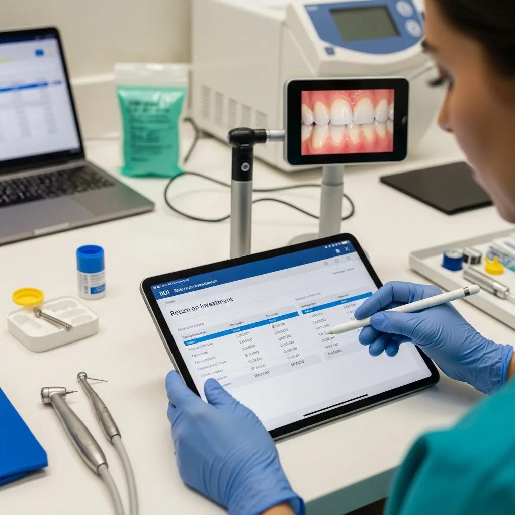 Dental professional analyzing ROI for IT investments on a tablet, with dental tools and imaging equipment in a modern clinic setting.