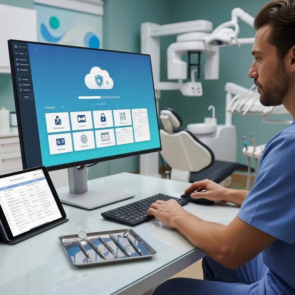 Boost Efficiency with Tailored Dental IT Support Solutions Dental professional using cloud backup solutions on a computer in a modern dental office, with a tablet displaying patient data and dental tools on the desk.