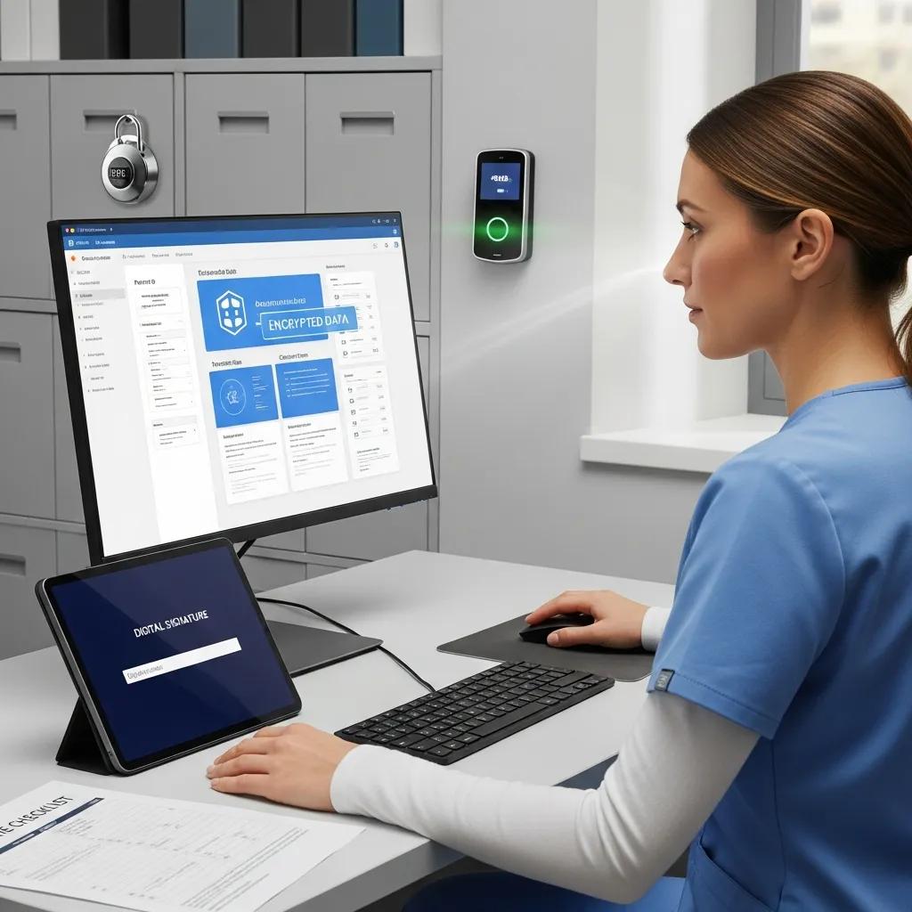 Dental professional in scrubs using a computer and tablet, displaying encrypted data and digital signature interface, emphasizing data security and HIPAA compliance in dental practices.
