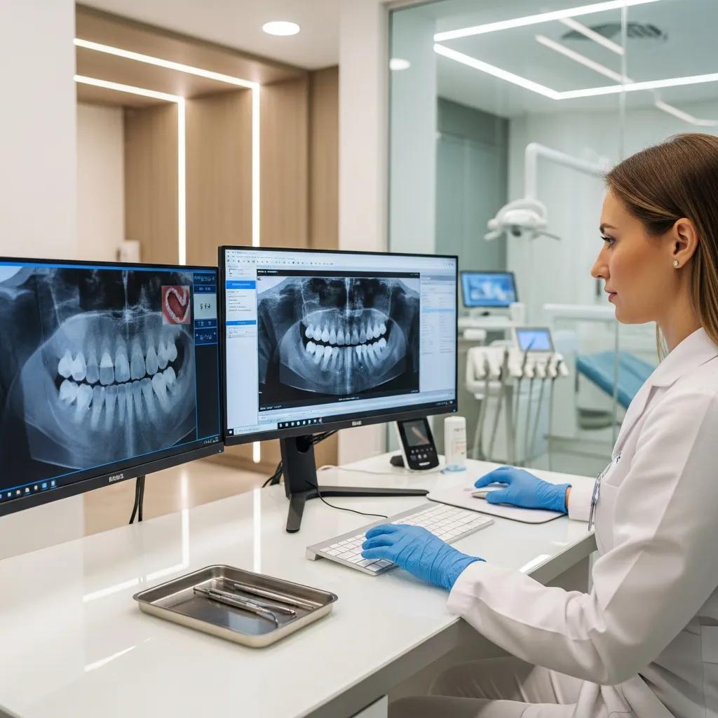 Enhance Your Practice with Expert Dental IT Support Services Dental professional analyzing dental X-rays on dual monitors in a modern clinic, utilizing advanced IT equipment for patient care and operational efficiency.