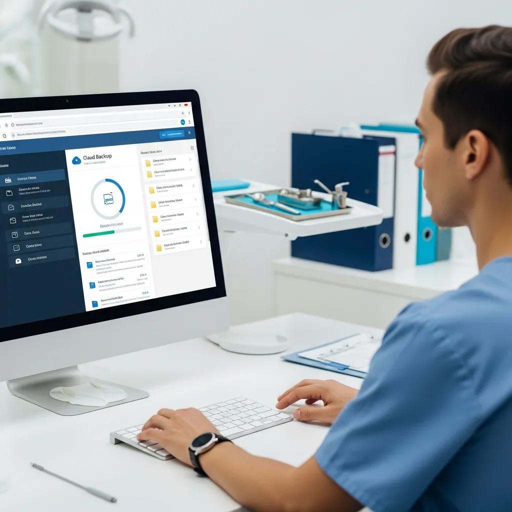 Dental professional using cloud backup software on a desktop computer in a modern dental clinic, focusing on data security and IT support solutions.