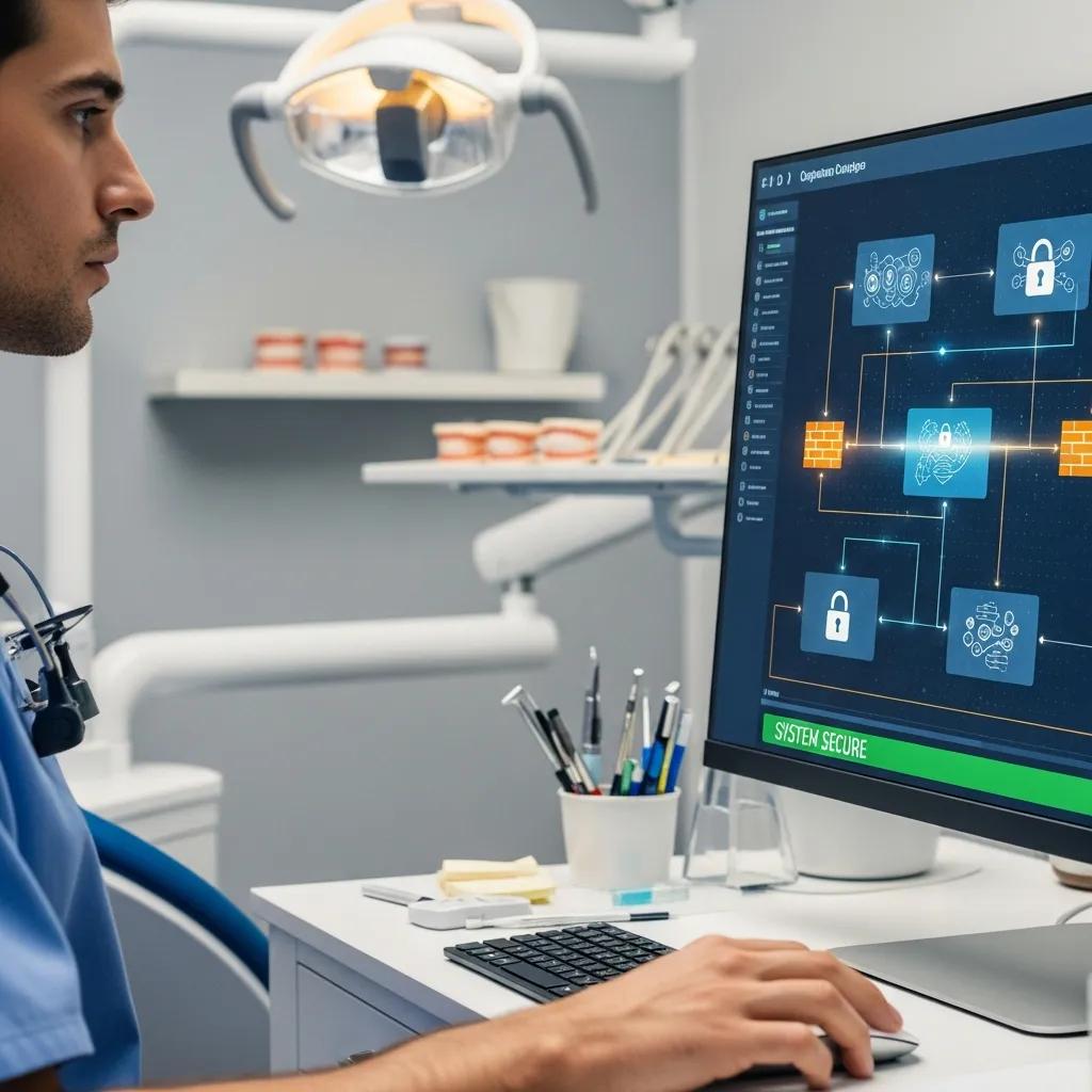 Dental professional using cybersecurity software on a computer in a dental office, showcasing secure network management and patient data protection.