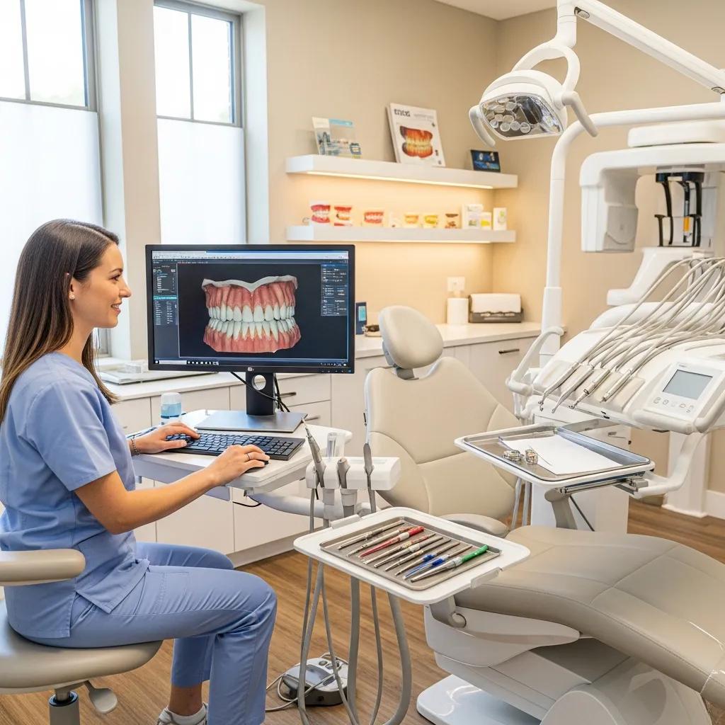 Boost Efficiency with Tailored Dental IT Support Solutions Dental professional using advanced IT solutions at a modern dental office, analyzing 3D dental imagery on a computer screen, with dental tools and equipment visible in a well-organized workspace.