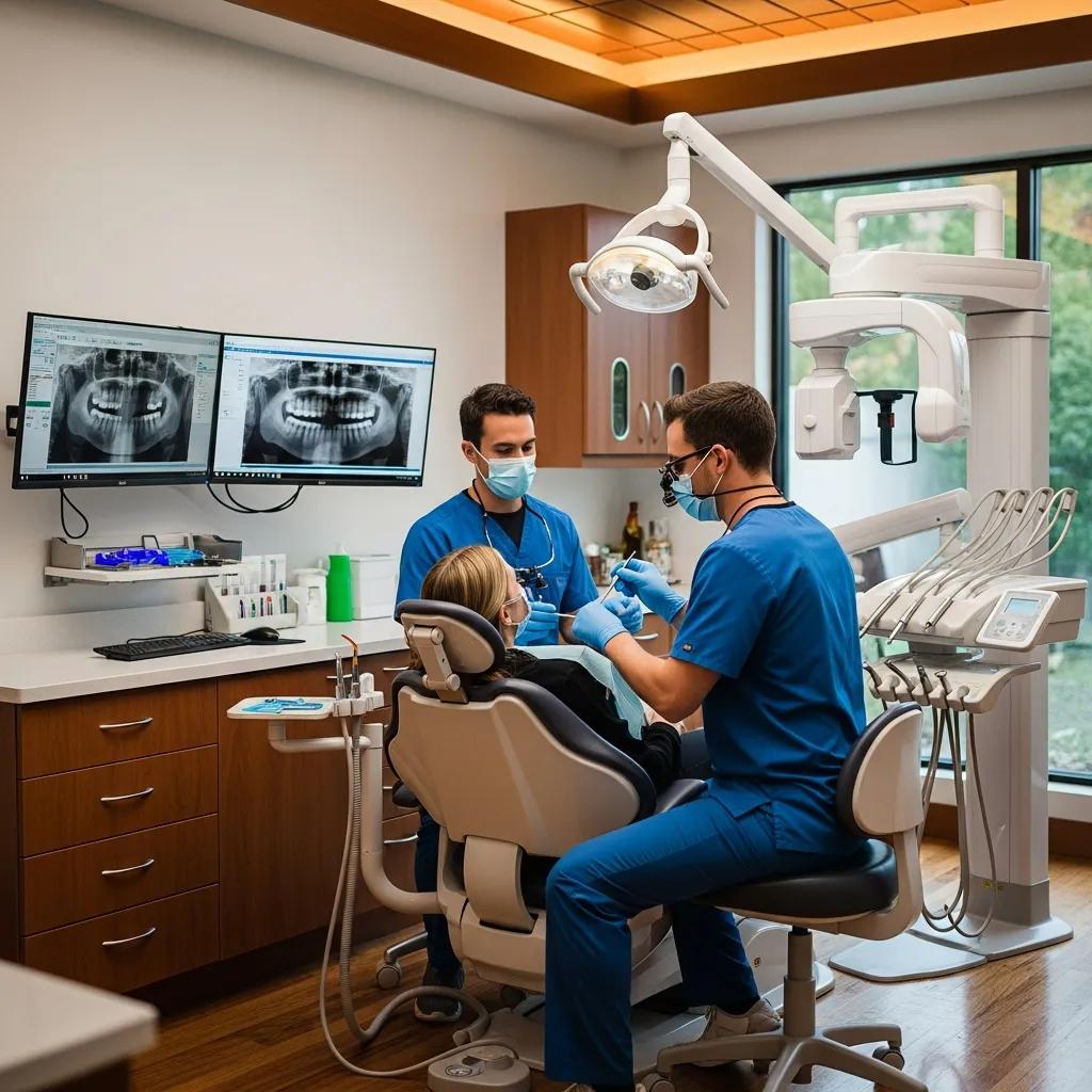 Managed IT Support Dental professionals in blue scrubs providing dental care to a patient in a modern dental practice, with digital X-ray images displayed on screens, highlighting the importance of managed IT support and cloud backup solutions for dental practices.