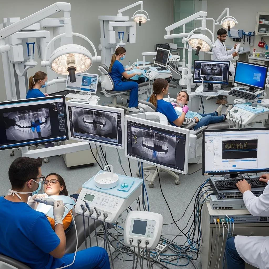 Enhance Your Practice with Expert Dental IT Support Services Dental clinic with multiple workstations, staff managing digital X-ray imaging and patient care, highlighting high-bandwidth IT demands and specialized dental equipment.