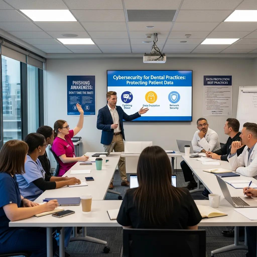 Dental staff engaged in cybersecurity training session, learning about protecting patient data, with a trainer presenting on data encryption, network security, and phishing awareness.