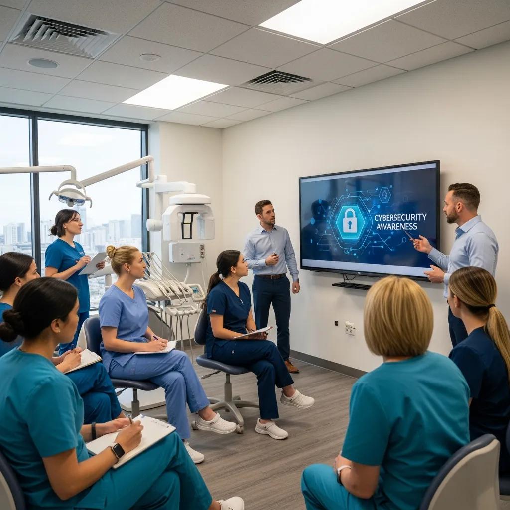 Comprehensive Guide to Cybersecurity in Dental Practices Dental staff participating in cybersecurity training session, focusing on "Cybersecurity Awareness," with instructors presenting information in a dental clinic setting.