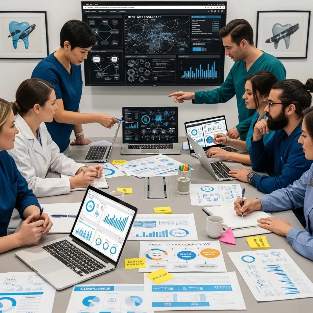 Dental team collaborating on IT risk assessment, analyzing data on laptops, discussing cybersecurity strategies, with charts and documents on table, emphasizing HIPAA compliance and data protection.
