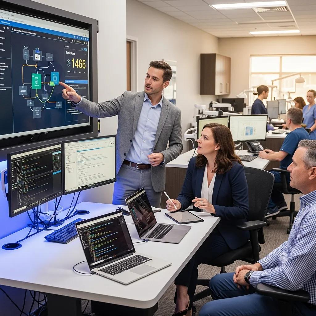 Dental IT professionals collaborating in a modern office, discussing network support and managed IT services for dental practice expansion, with multiple screens displaying data and coding.