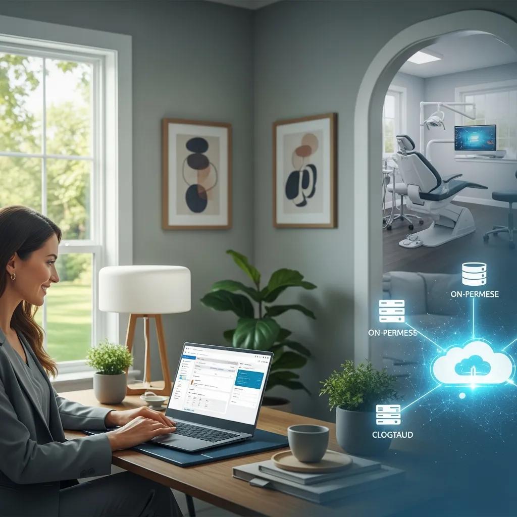 Dentist accessing patient records remotely to illustrate hybrid cloud benefits