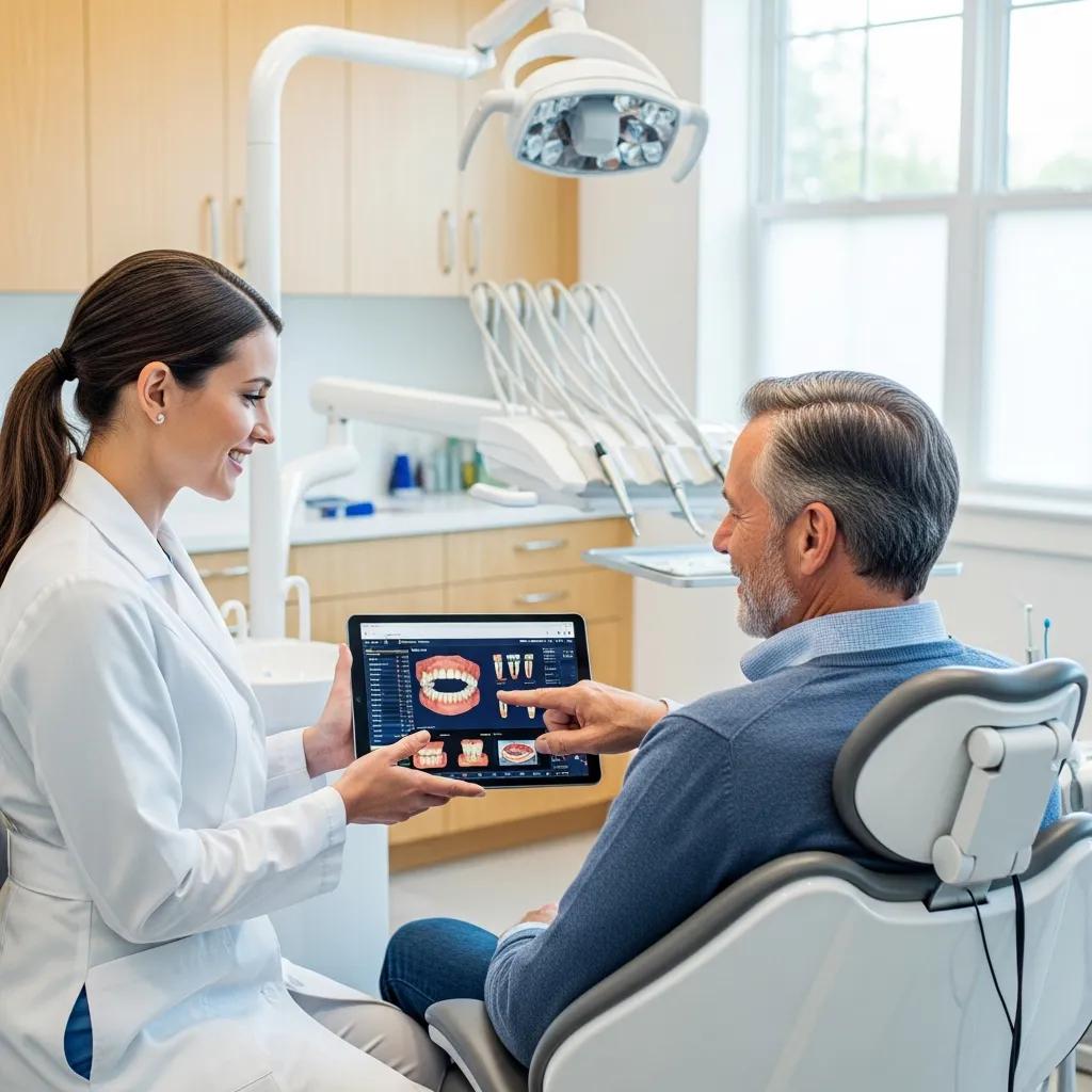 Dentist and patient discussing dental records on a tablet in a modern dental office, highlighting data backup solutions for dental practices.