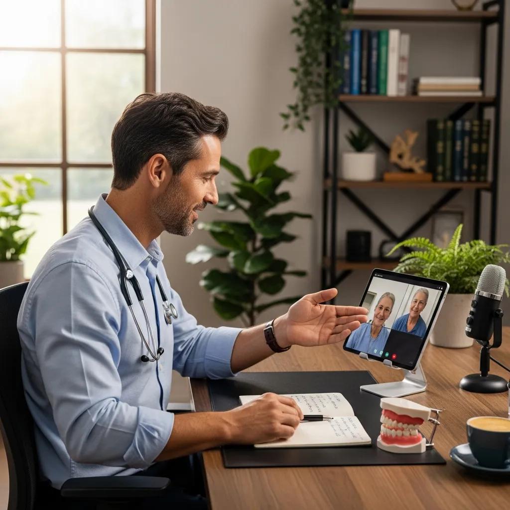 Dentist conducting a remote consultation via teledentistry technology, interacting with patients on a video call, with a notepad and dental model on the desk, showcasing modern dental care practices.