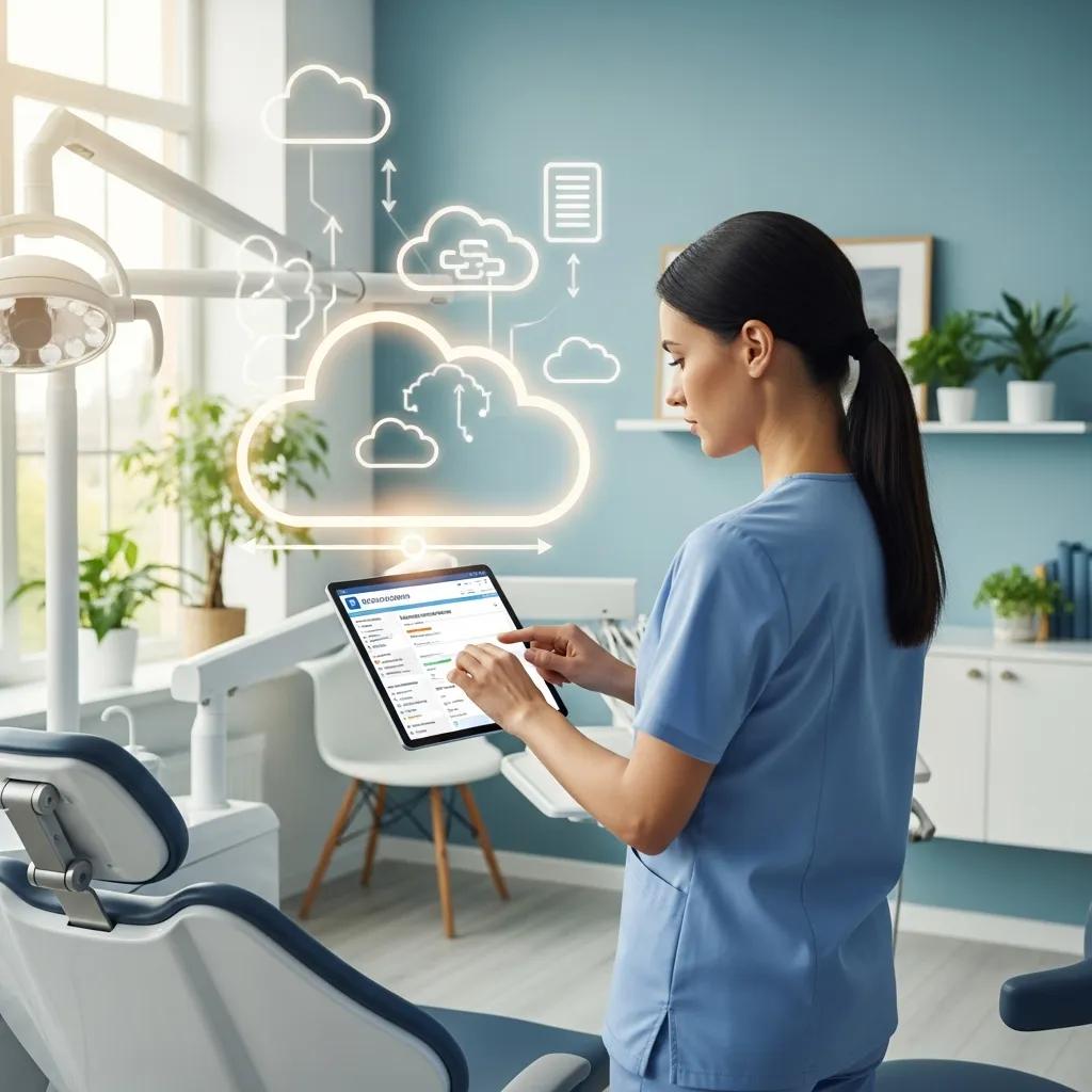 Managed IT Support Dental professional using a tablet in a dental office, with cloud computing icons symbolizing practice management and data accessibility.